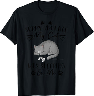 Sorry i'm Late my Cat was sleeping on me Funny cat Gaming Men Women Kids T-Shirt - T-Shirt | Black
