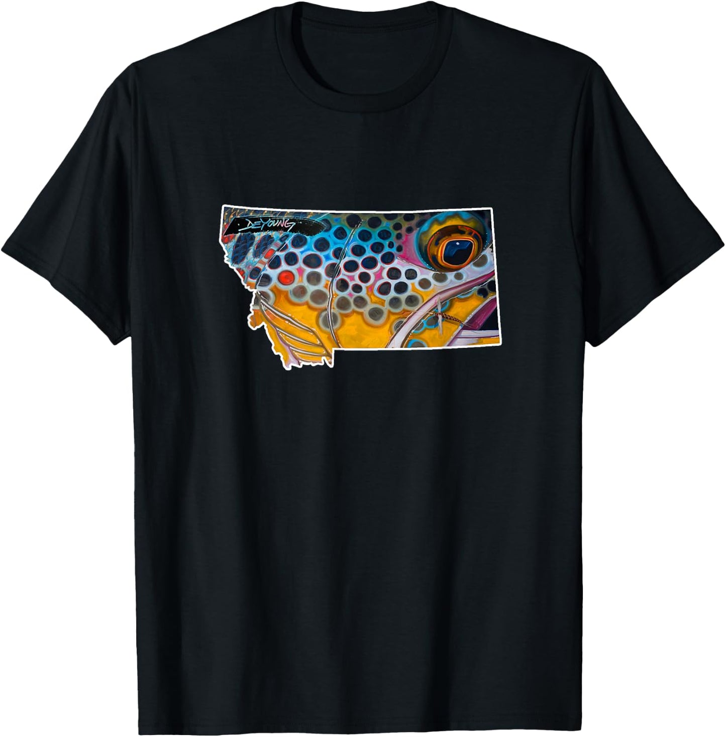 Montana shape Brown Trout Fish Derek DeYoung Art T-Shirt - T-Shirt | Black