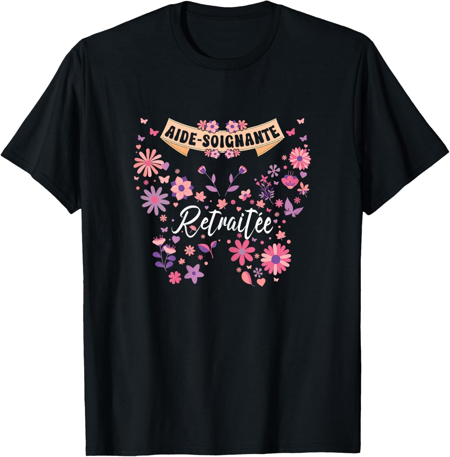 Butterfly Flowers Woman Retired Caregiver Retirement , Black, Female X-Small T-Shirt - T-Shirt | Black