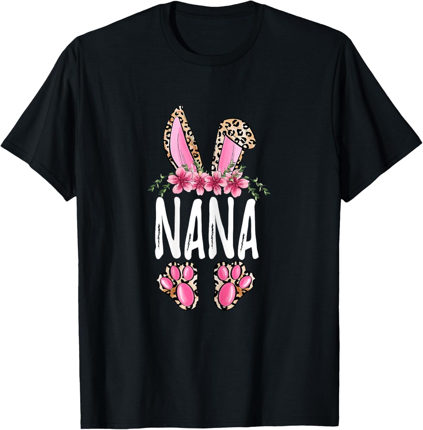 Floral Leopard Nana Bunny Cute Happy Easter Mother's Day T-Shirt - T-Shirt | Black