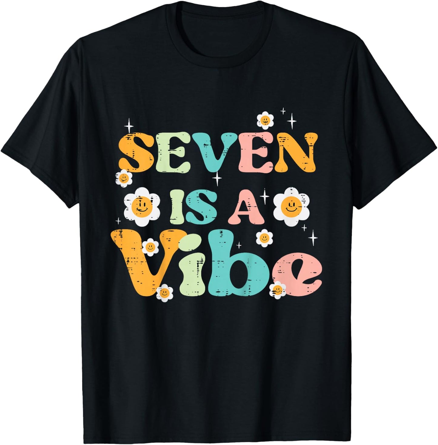 7th Birthday Seven Is A Vibe Retro 7 Bday Groovy Girls Kids T-Shirt - T-Shirt | Black