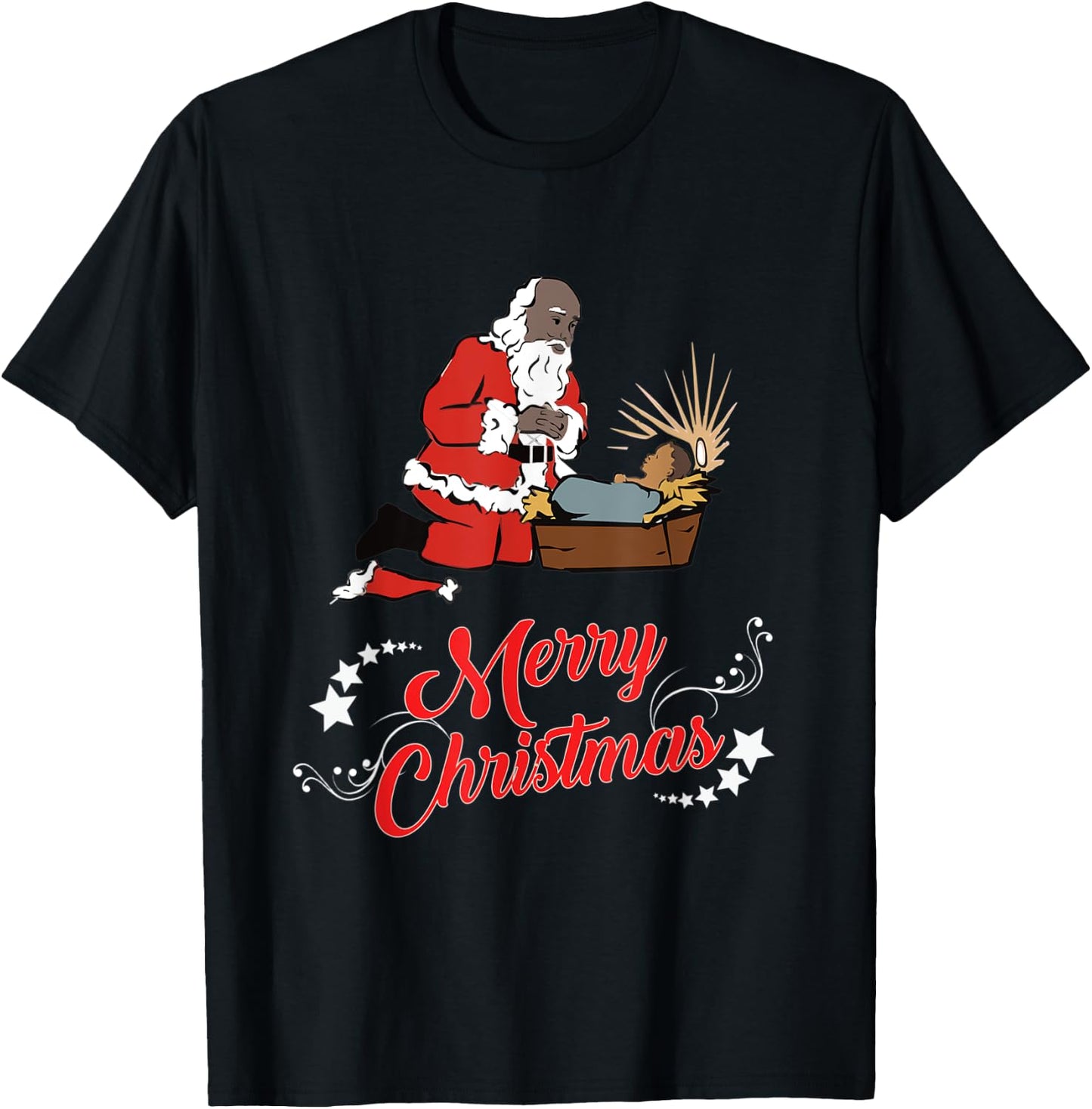 Dark Skin Santa Kneeling And Praying At The Feet Of Jesus T-Shirt - T-Shirt | Black
