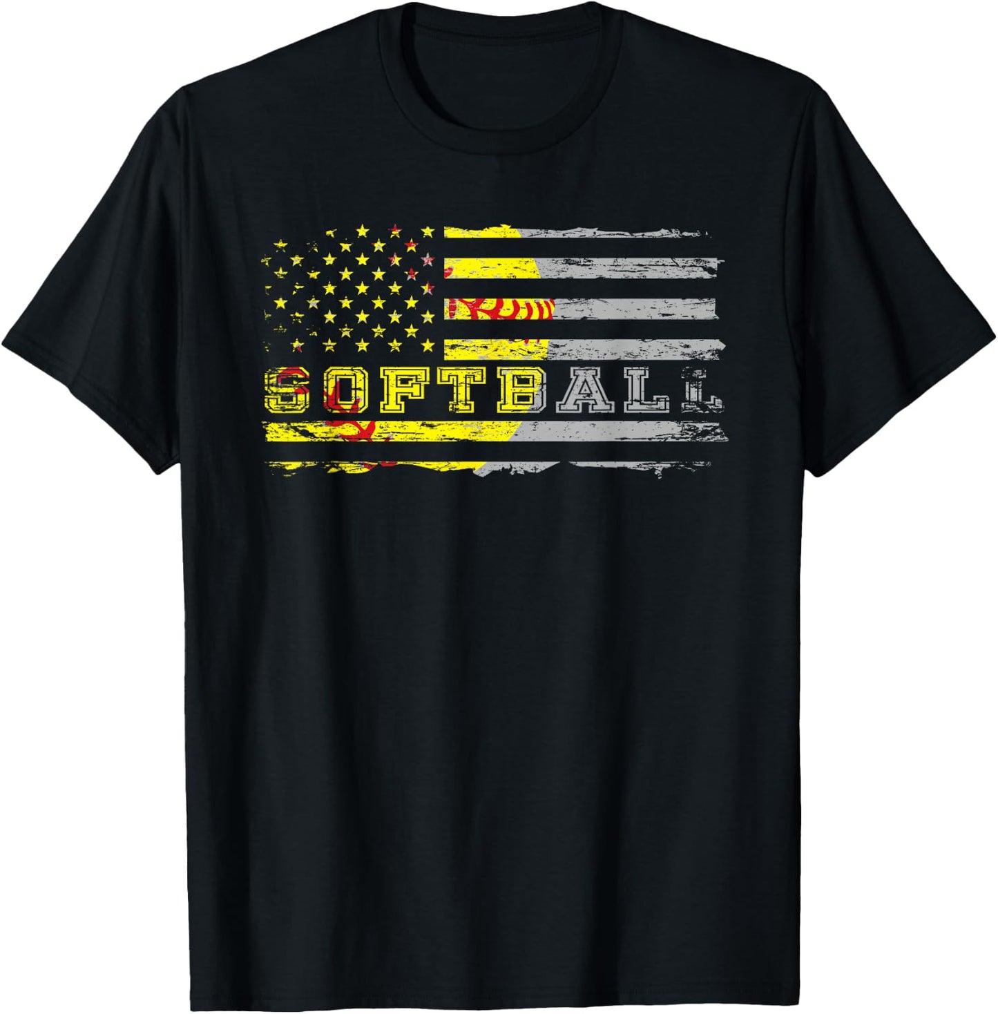 American Flag Softball Fan Team Distressed Gift Women Girls Kids Men T-Shirt - T-Shirt | Black