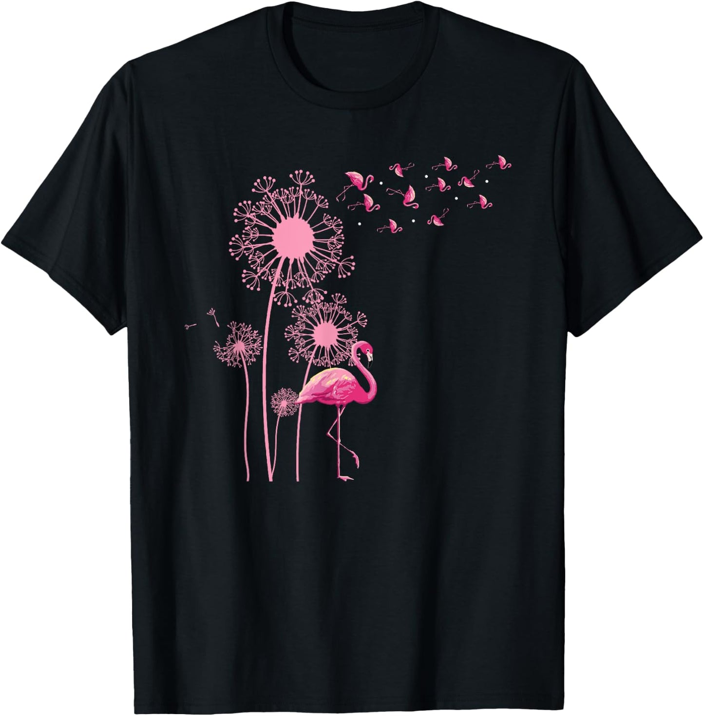 Flower Dandelion Exotic Animal Tropical Bird Pink Flamingo T-Shirt - T-Shirt | Black