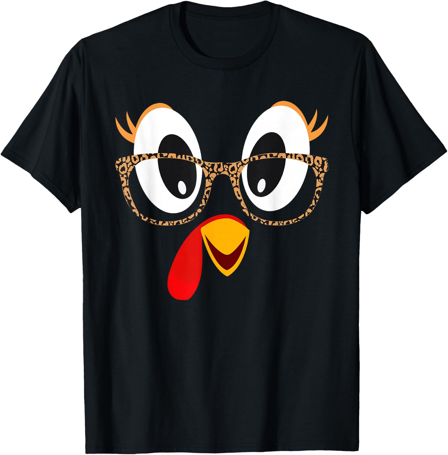 Cute Turkey Face Thanksgiving Leopard Print Glasses Girls T-Shirt - T-Shirt | Black