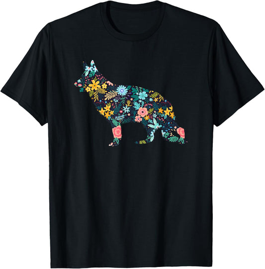 German Shepherd Floral Dog Silhouette Graphic T-Shirt - T-Shirt | Black