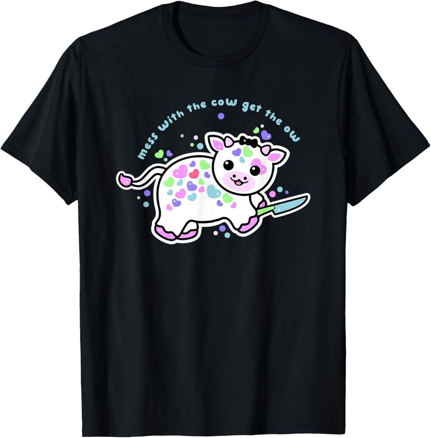 Mess With The Cow Get The Ow Cartoon Cow T-Shirt - T-Shirt | Black