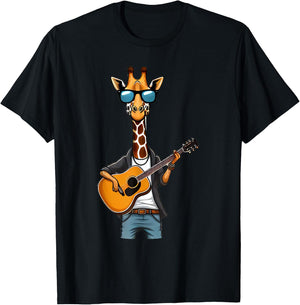 Cute Giraffe Playing Guitar Giraffes Musician Music T-Shirt - T-Shirt | Black
