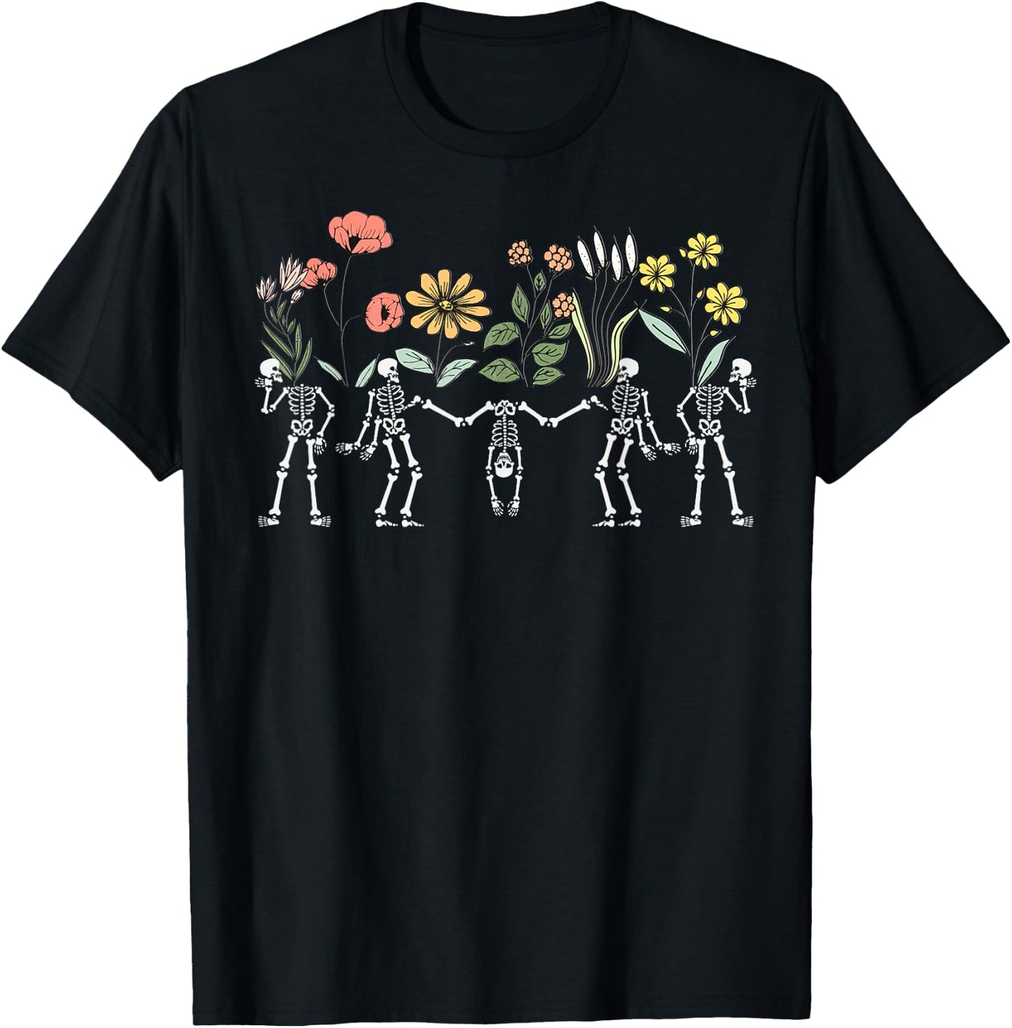 Dancing Skeletons Vintage Floral Skeleton Flower Halloween T-Shirt - T-Shirt | Black