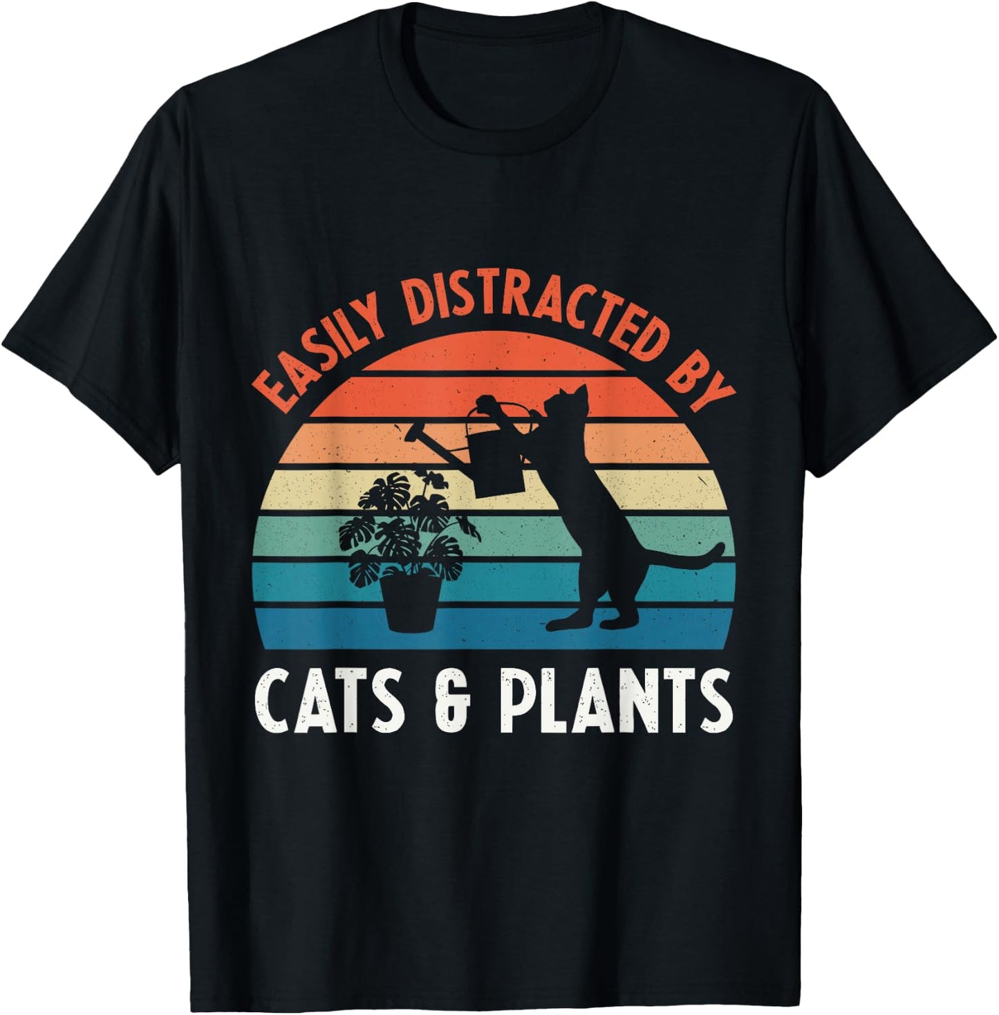 Easily Distracted By Cats & Plants Funny Gardening Cat Lover T-Shirt - T-Shirt | Black
