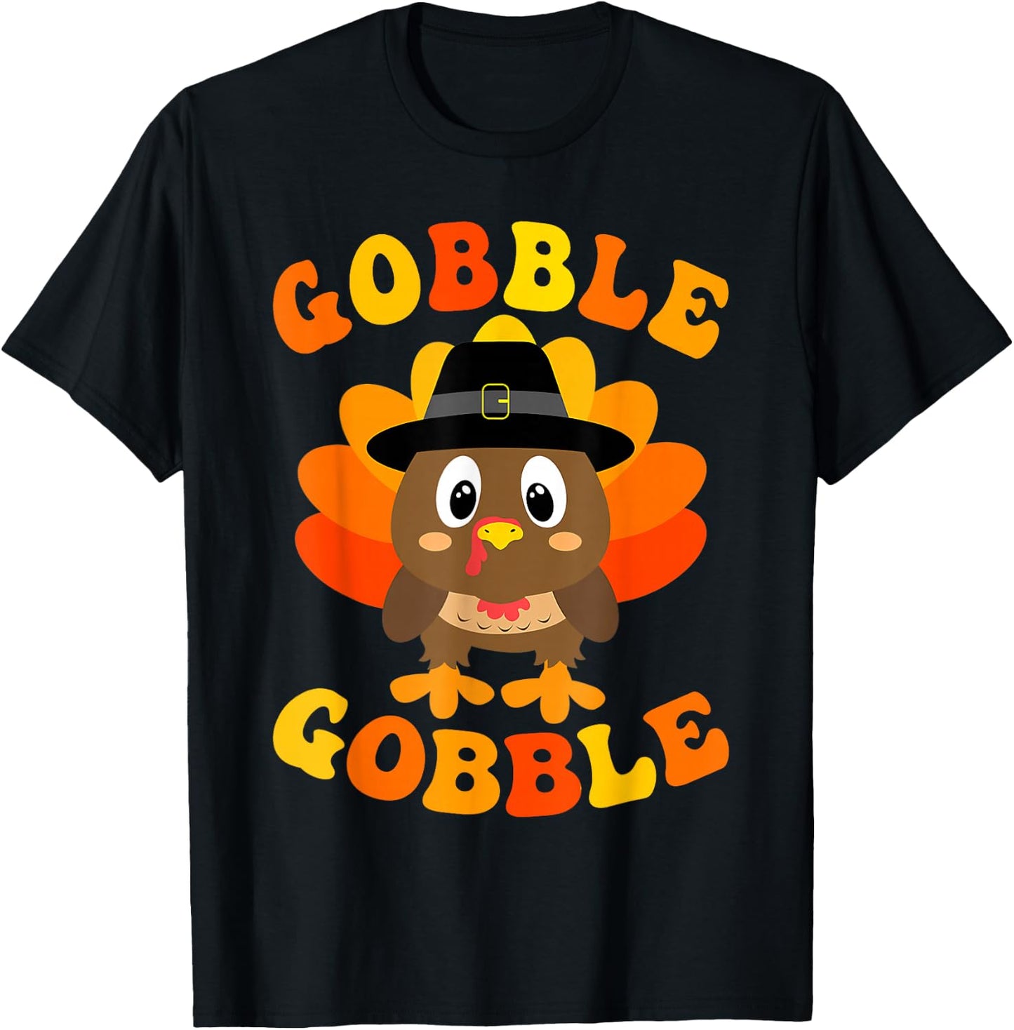 Cute Gobble Gobble Turkey Pilgrim Little Boys Thanksgiving T-Shirt - T-Shirt | Black