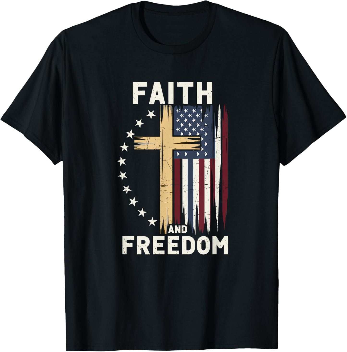 Faith and Freedom Patriotic Christian USA Flag Graphic Cross T-Shirt - T-Shirt | Black