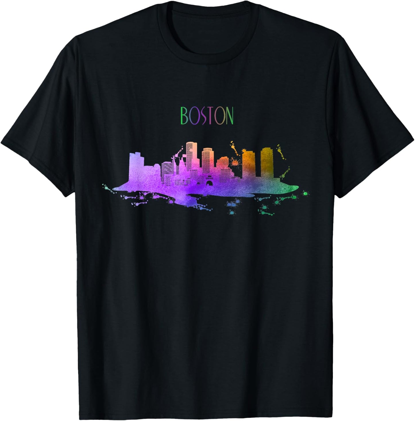 Boston Skyline Watercolour Souvenir Pride Massachusetts T-Shirt - T-Shirt | Black