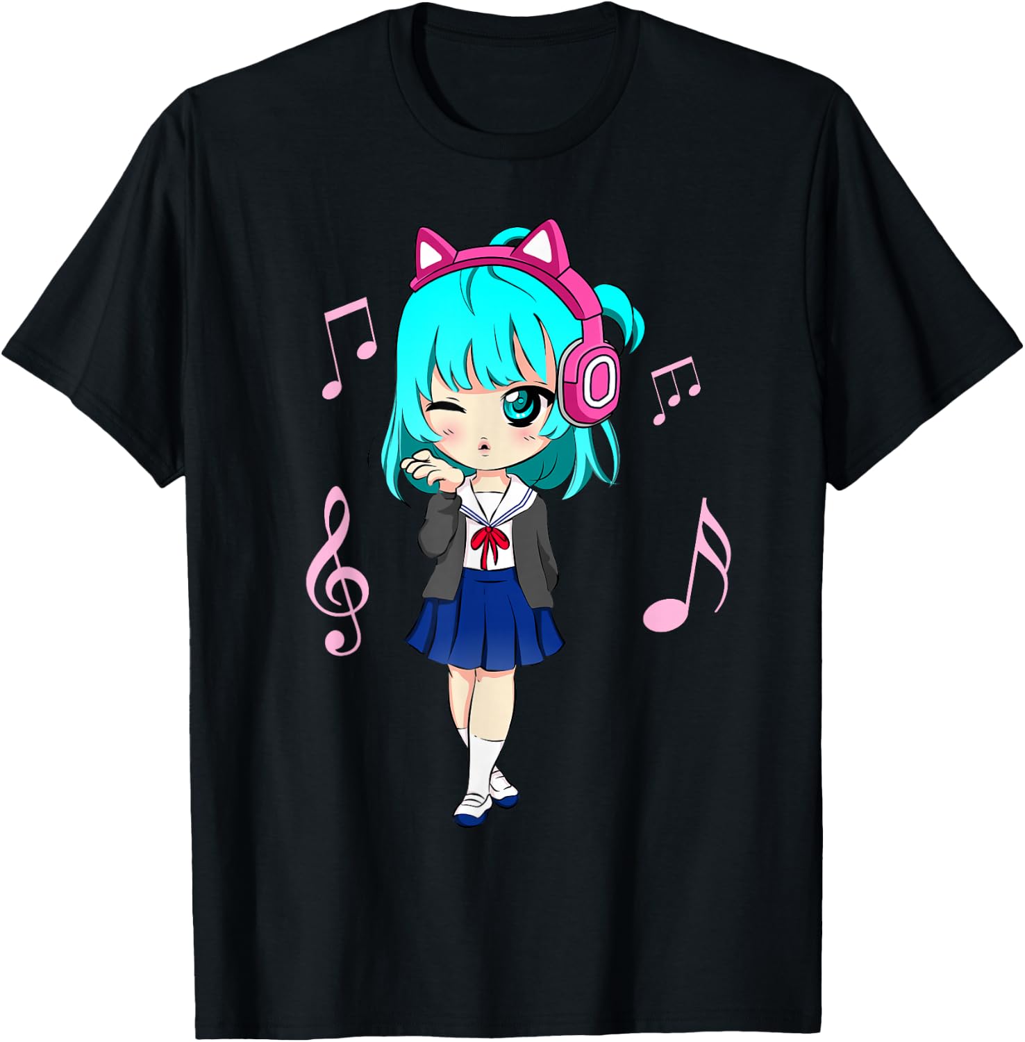 Funny Anime and Music Girl for Teen Chibi Graphic Anime Girl Small T-Shirt - T-Shirt | Black