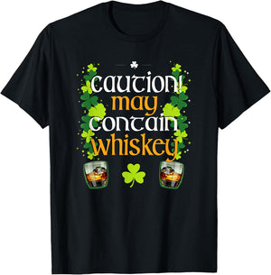 Caution May Contain Whiskey St. Patrick's Day funny T Shirt T-Shirt - T-Shirt | Black