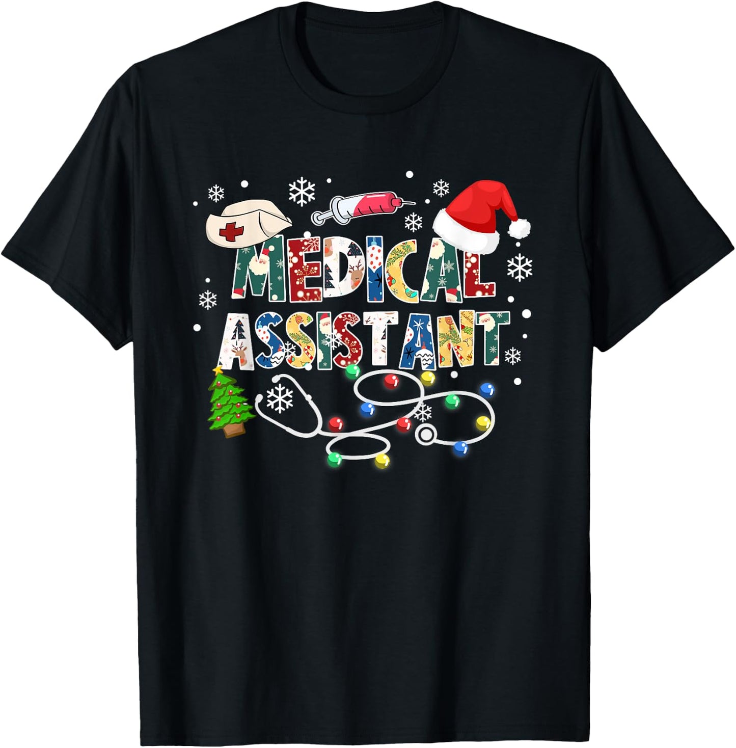 Medical Assistant Christmas Stethoscope Scrub Top Women T-Shirt - T-Shirt | Black