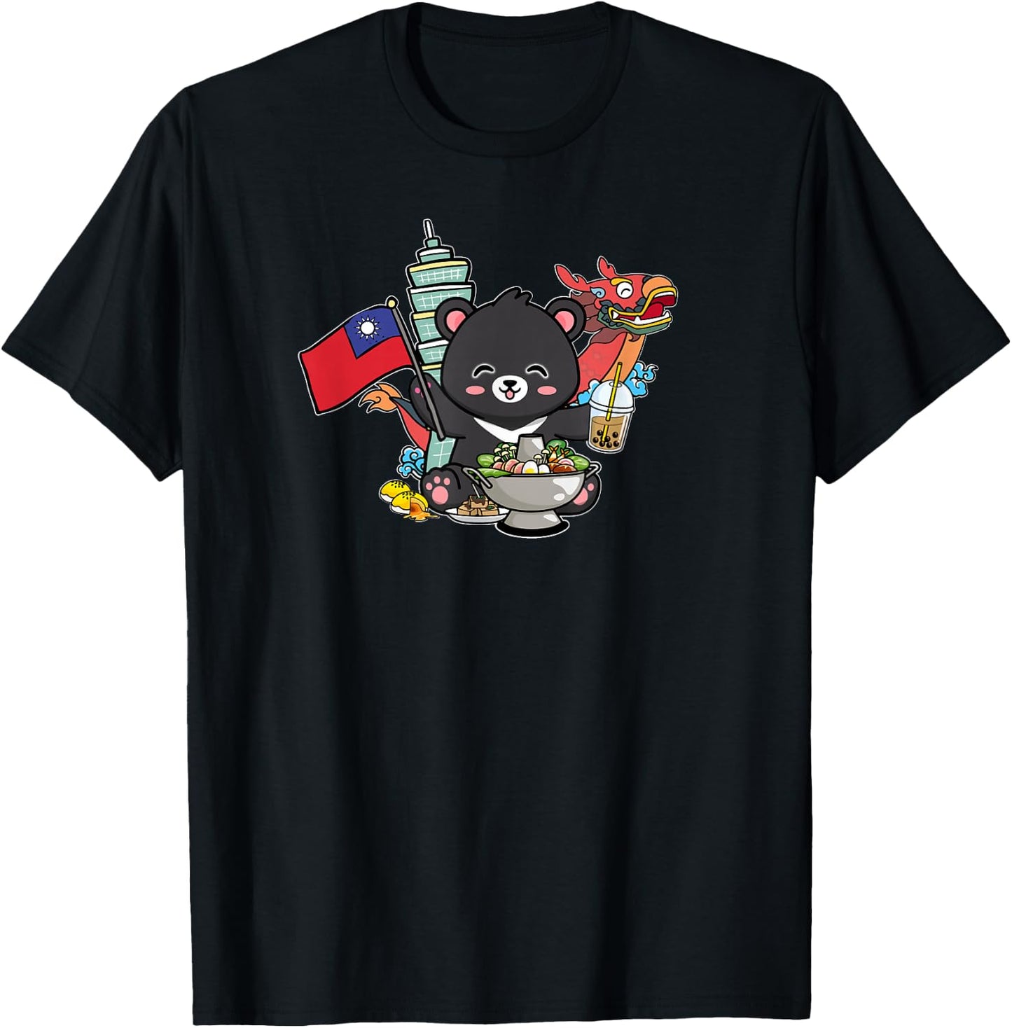 Kawaii Hot Pot Boba Bear Taiwan Flag Travel T-Shirt - T-Shirt | Black