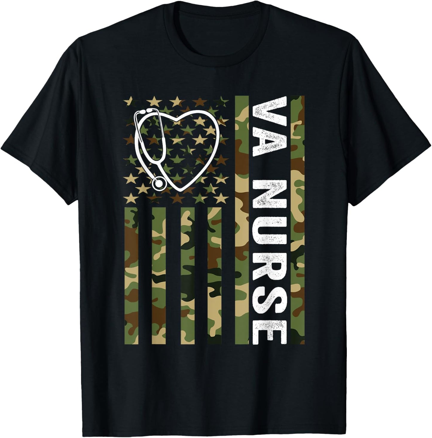 VA Nurse Camouflage American Flag Patriotic Medical Worker T-Shirt - T-Shirt | Black