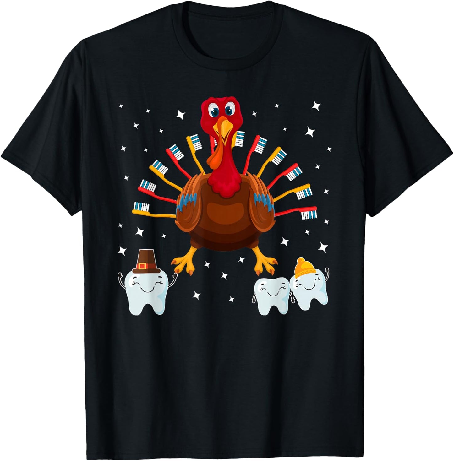 Happy Thanksgiving Cute Turkey Teeth Toothbrush Dental T-Shirt - T-Shirt | Black