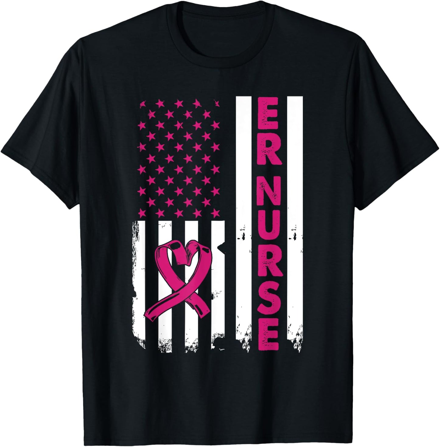 Er Nurse American Flag Nurse Life Breast Cancer Awareness T-Shirt - T-Shirt | Black