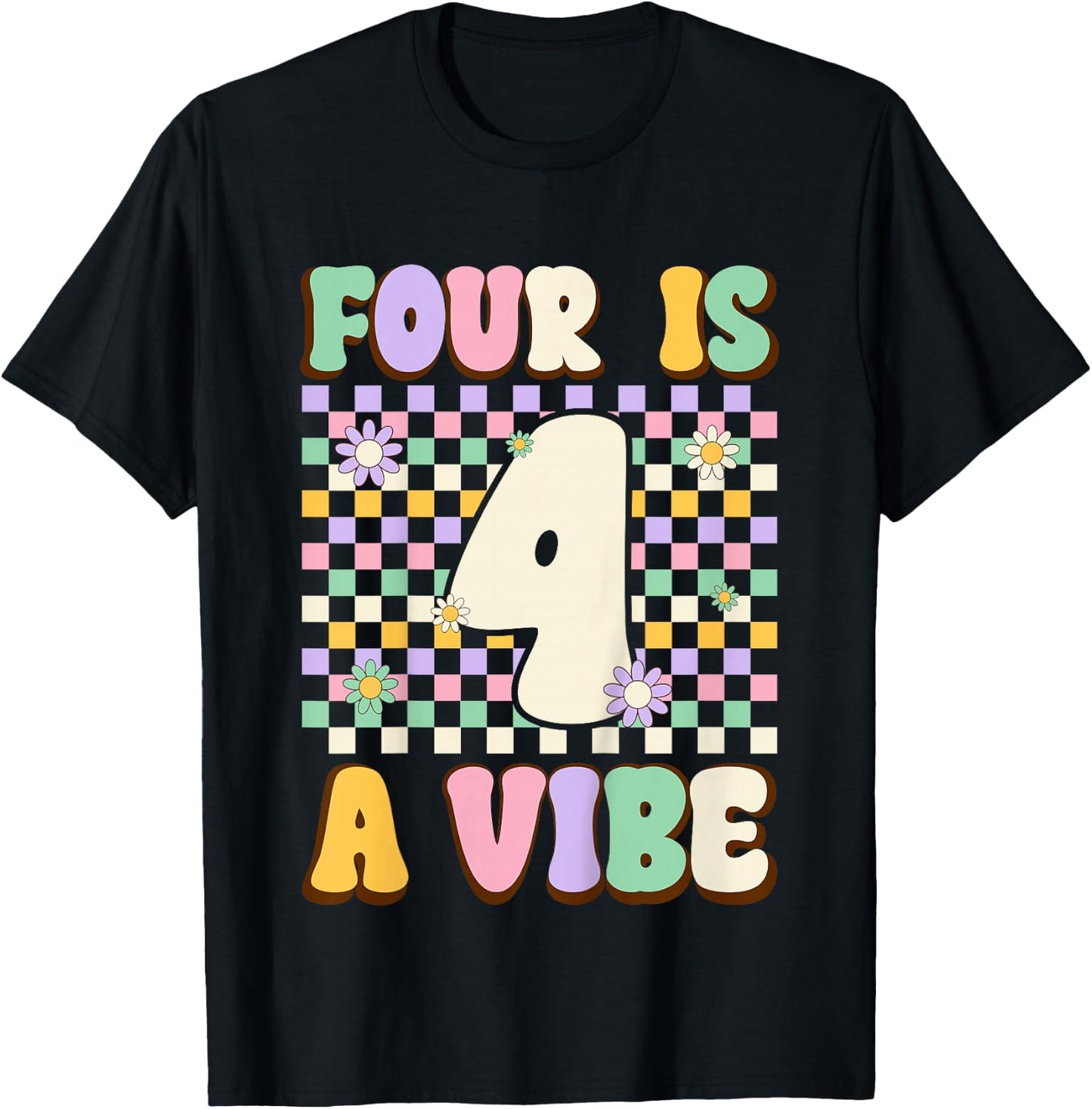 Kids Four Is A Vibe Groovy 4 Years Old 4th Birthday Party Kids T-Shirt - T-Shirt | Black