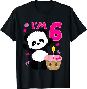 Kids Panda with Kawaii Cake 6 Years Old Girls Birthday Party T-Shirt - T-Shirt | Black