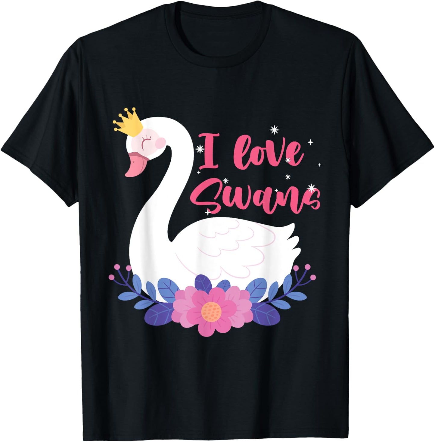I Love Swans Bird Zoo Animal Lake Water Lily Flowers Crown T-Shirt - T-Shirt | Black