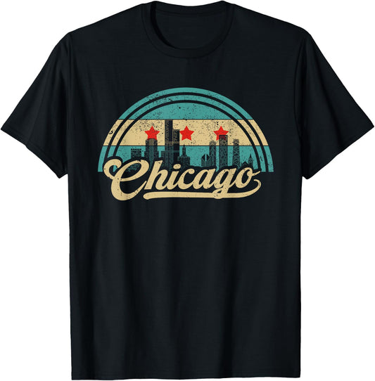 Chicago Flag Skyline Vintage USA Chicago Flag Illinois USA T-Shirt - T-Shirt | Black