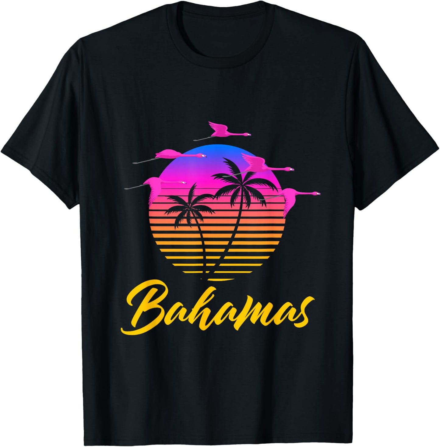 Bahamas Caribbean Retro Sunset Palm Tree Flamingo Vacation T-Shirt - T-Shirt | Black
