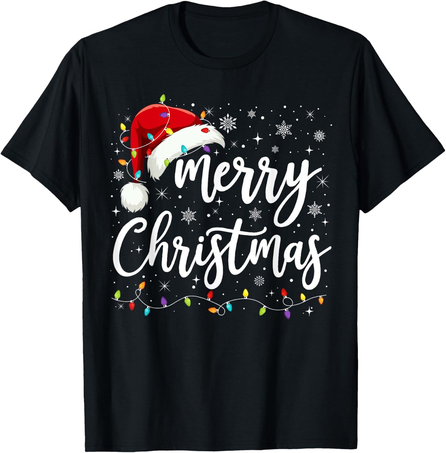 Merry Christmas Lights Red Santa Hat Xmas Family Men Women T-Shirt - T-Shirt | Black