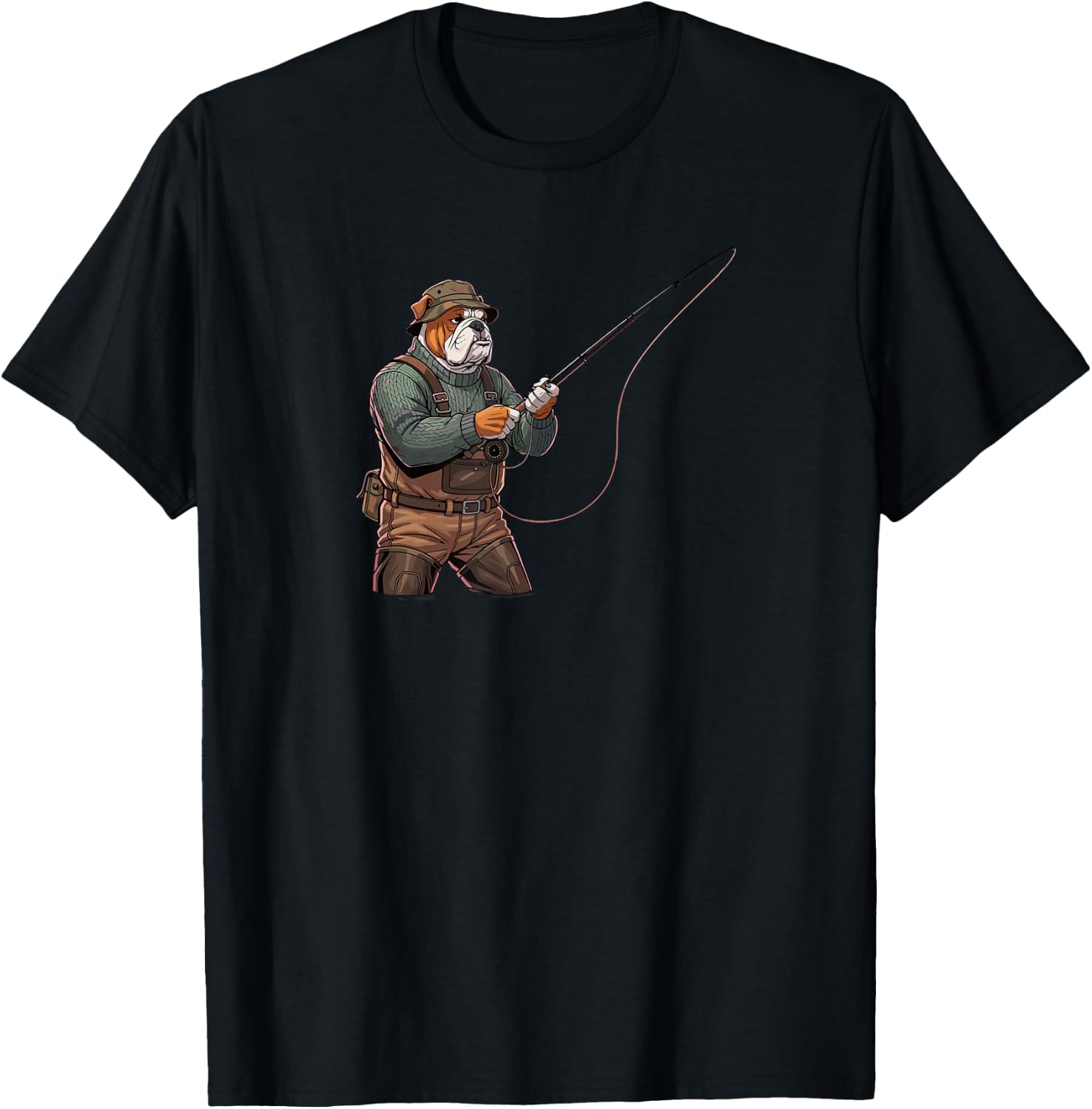 Fly Fishing Bulldog Waders River Angler Dog T-Shirt - T-Shirt | Black