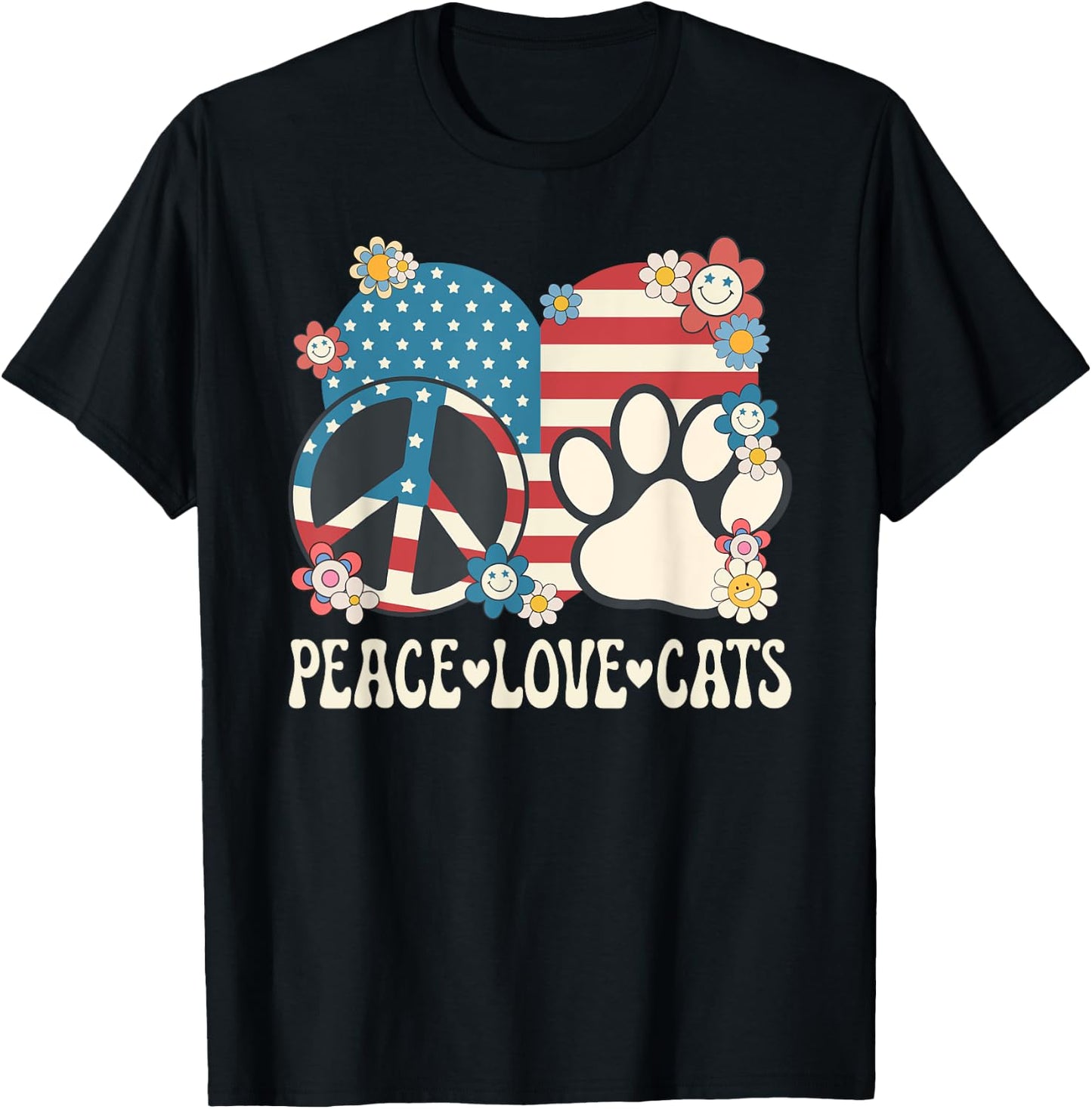 Peace Love Cats American Flag Patriotic Cat Lover Retro Cat Women Girls Kids T-Shirt - T-Shirt | Black