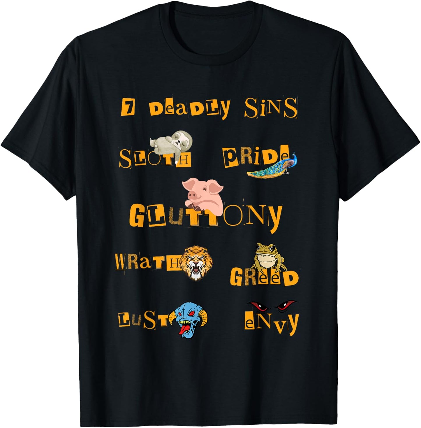 Seven Deadly Sins Lust Pride Gluttony Sloth Wrath Greed Envy T-Shirt - T-Shirt | Black