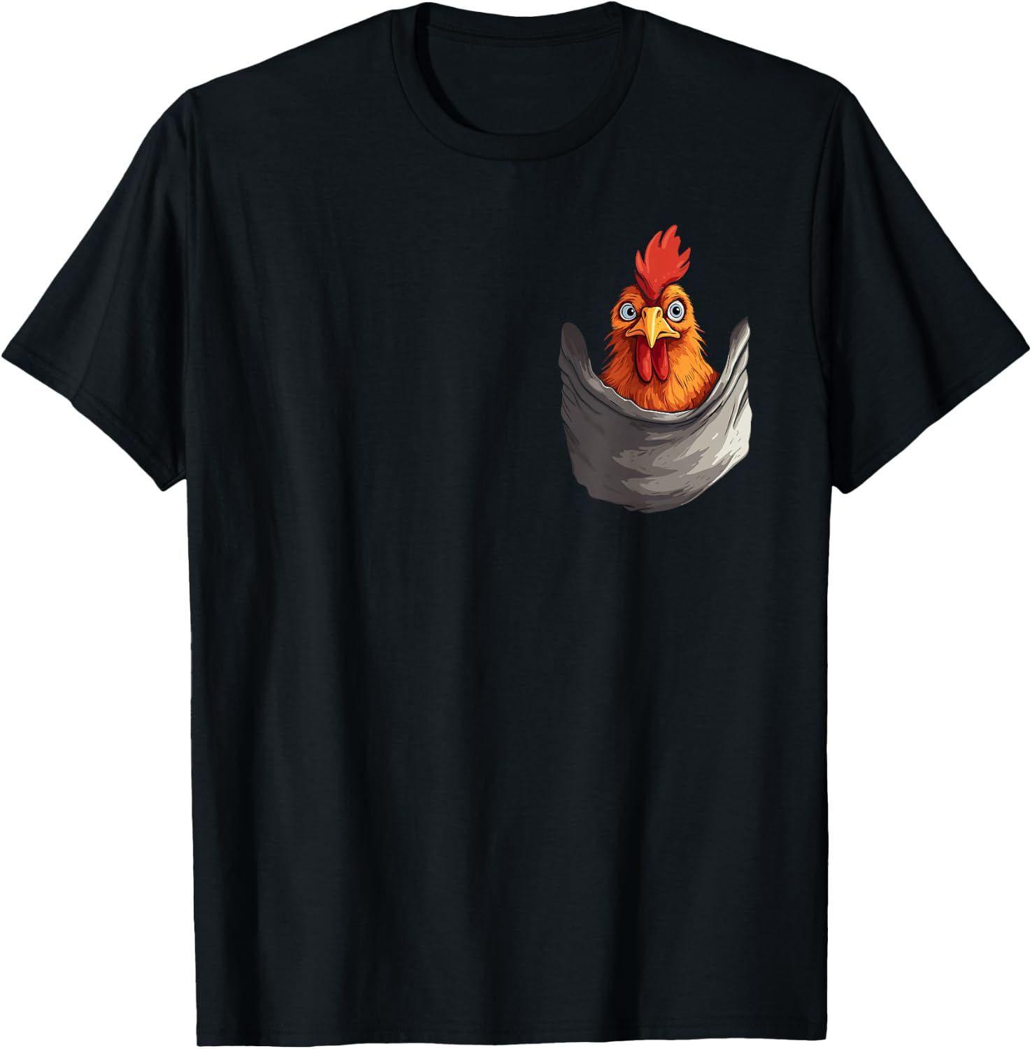 Fun print with hen in pocket, rooster, hen and farmer , Black, S T-Shirt - T-Shirt | Black