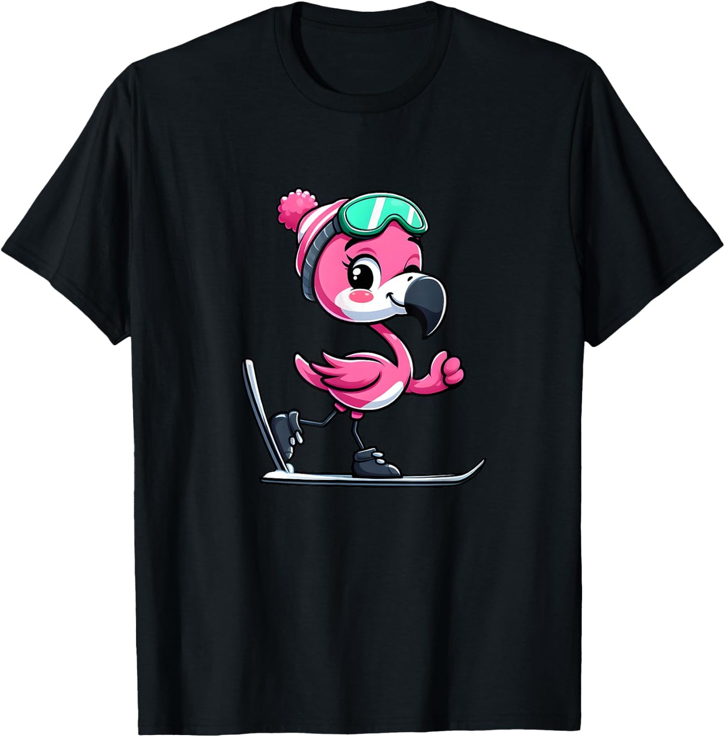 Comic Flamingo Skier T-Shirt - T-Shirt | Black