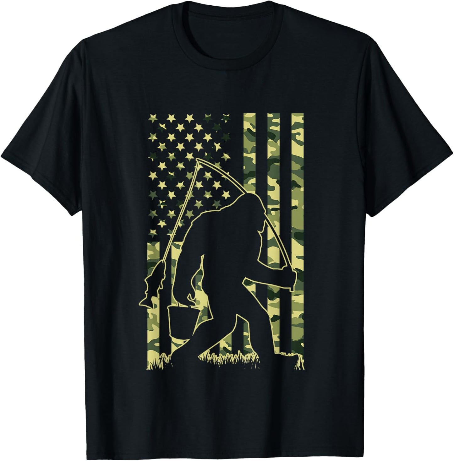Bigfoot Fishing with Camo American Flag Funny Fisherman T-Shirt - T-Shirt | Black