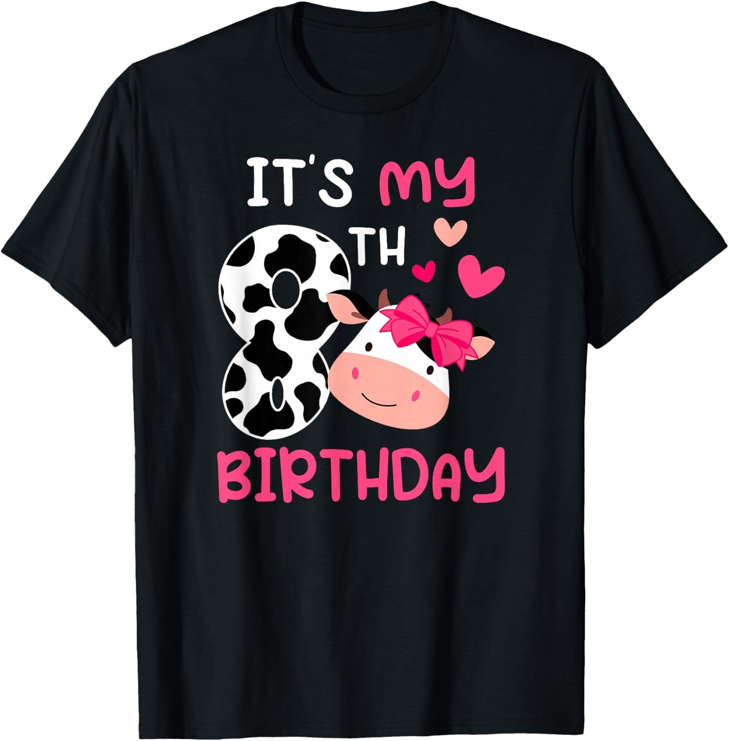 8th Cow Birthday 8 Year Old Girl Cow Birthday Party T-Shirt - T-Shirt | Black