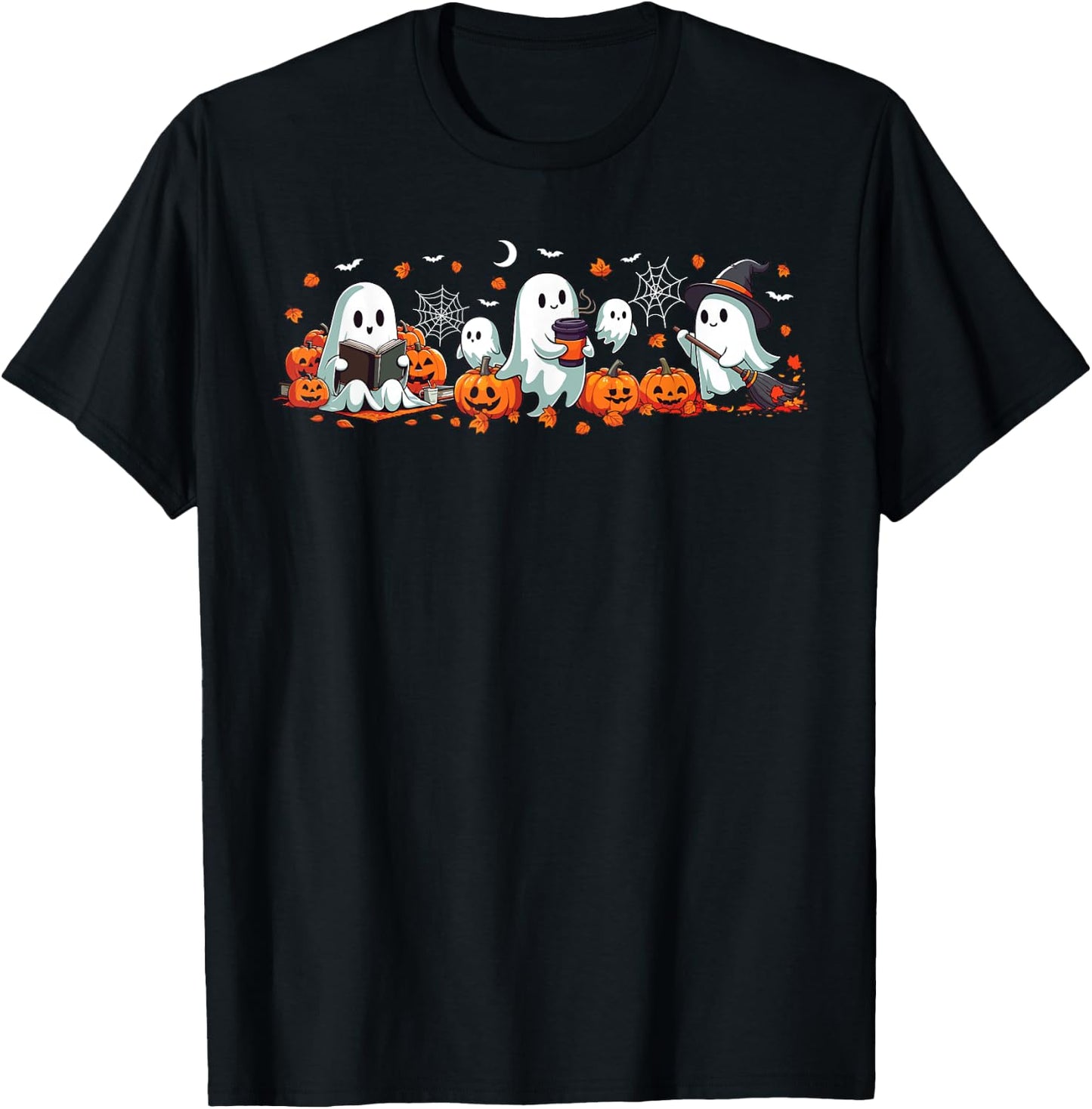 Ghost Reading Book Drinking Coffee Cute Spooky Halloween T-Shirt - T-Shirt | Black