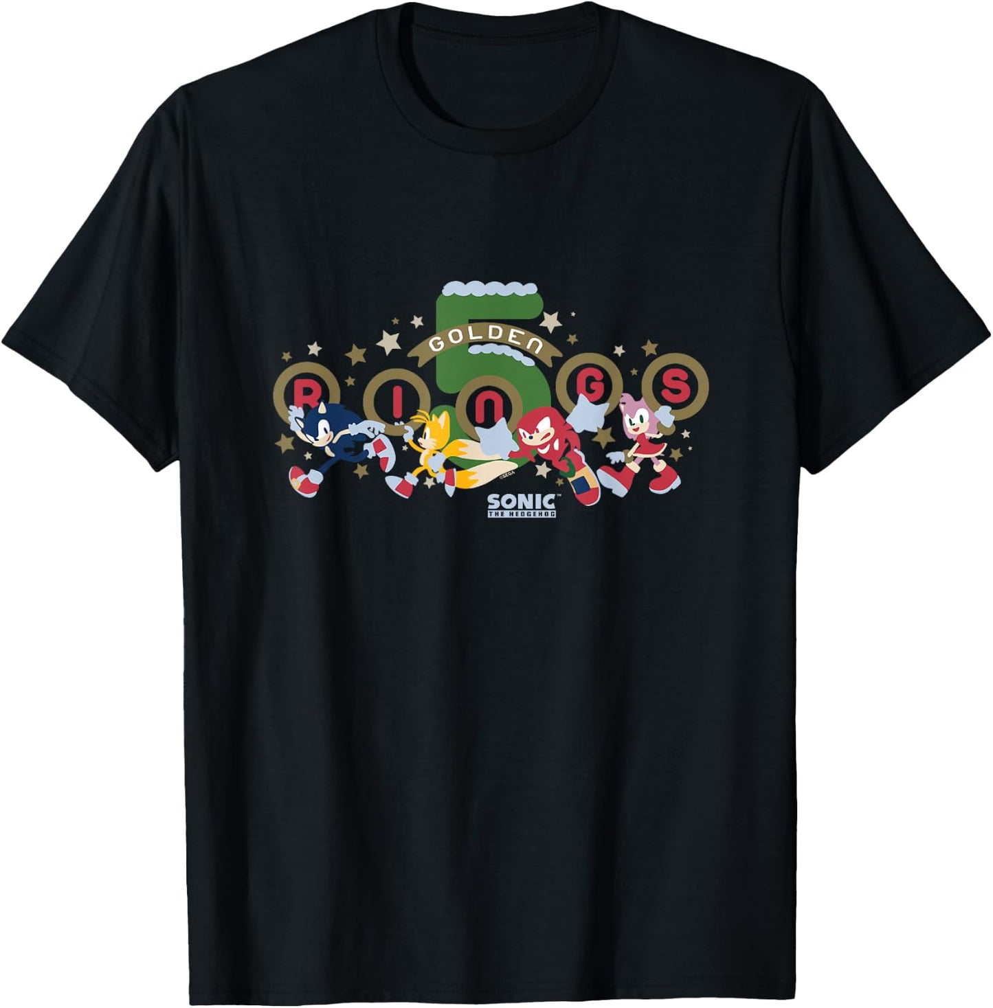 Sonic The Hedgehog Christmas 5 Golden Rings Vintage Logo T-Shirt - T-Shirt | Black