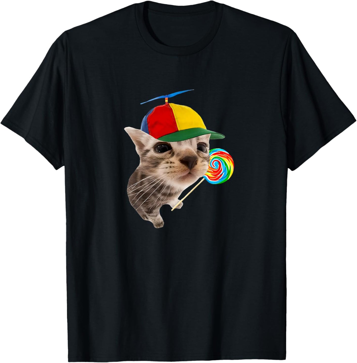 Silly Cat with Lollipop Meme T-Shirt - T-Shirt | Black