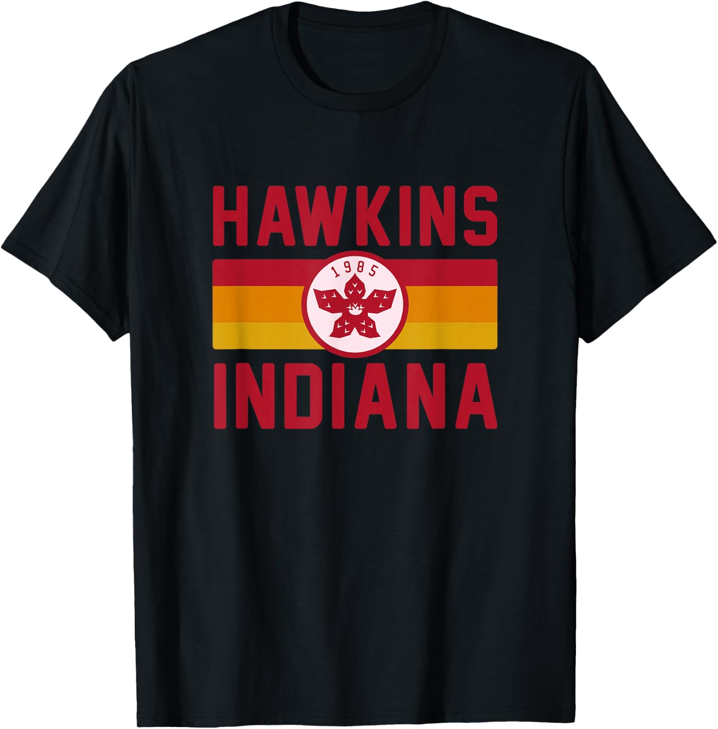 Stranger Things Hawkins Indiana 1985 Sunset Stripe Vintage T-Shirt - T-Shirt | Black