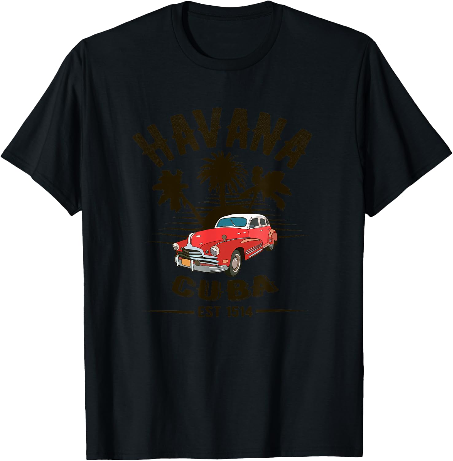 Havana Cuba - Classic Car Tropical Palm Tree Sunset T-Shirt - T-Shirt | Black