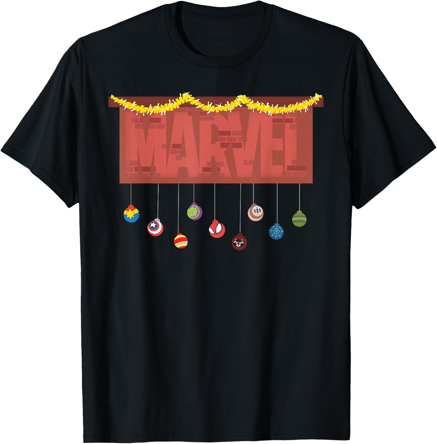Marvel Logo Holiday Christmas Avengers Super Hero Ornaments T-Shirt - T-Shirt | Black