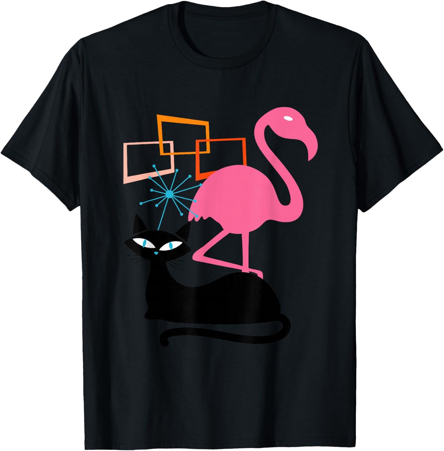 Flamingo and Cat Midcentury Mid Century Stardust Modern T-Shirt - T-Shirt | Black