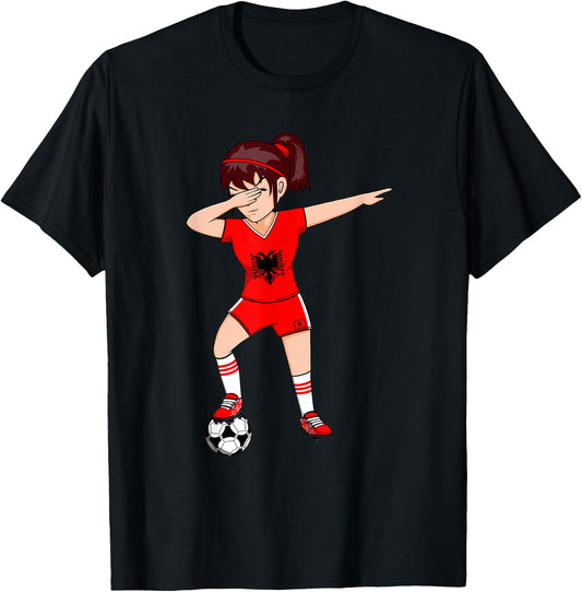 Dabbing Soccer Girl Albania Jersey Albanian Football Lovers T-Shirt - T-Shirt | Black