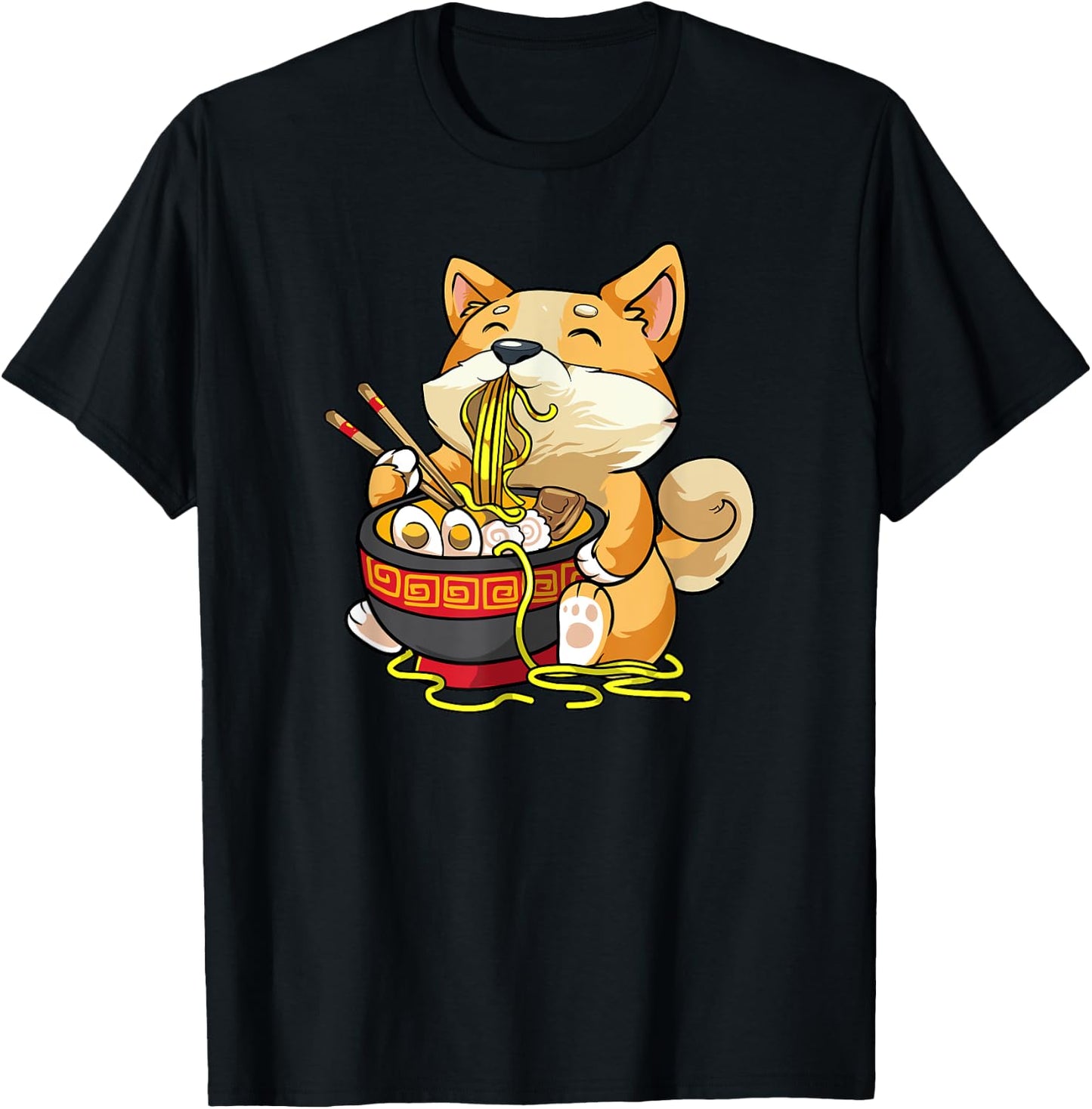 Corgi-Dog Eating Bowl of Ramen Pho Noodle Soup Japan Kawaii T-Shirt - T-Shirt | Black