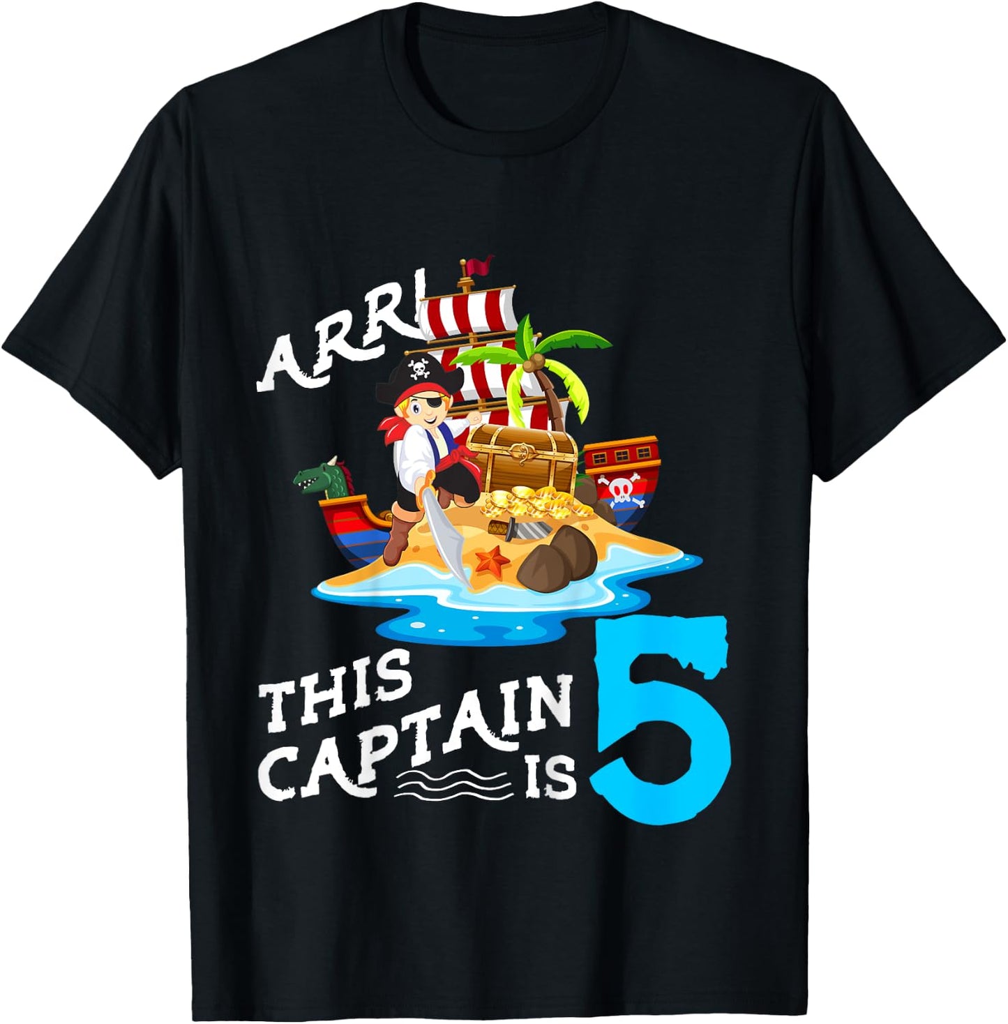 Kids 5 Year Old Pirate Birthday Boy This Captain Is 5 T-Shirt - T-Shirt | Black