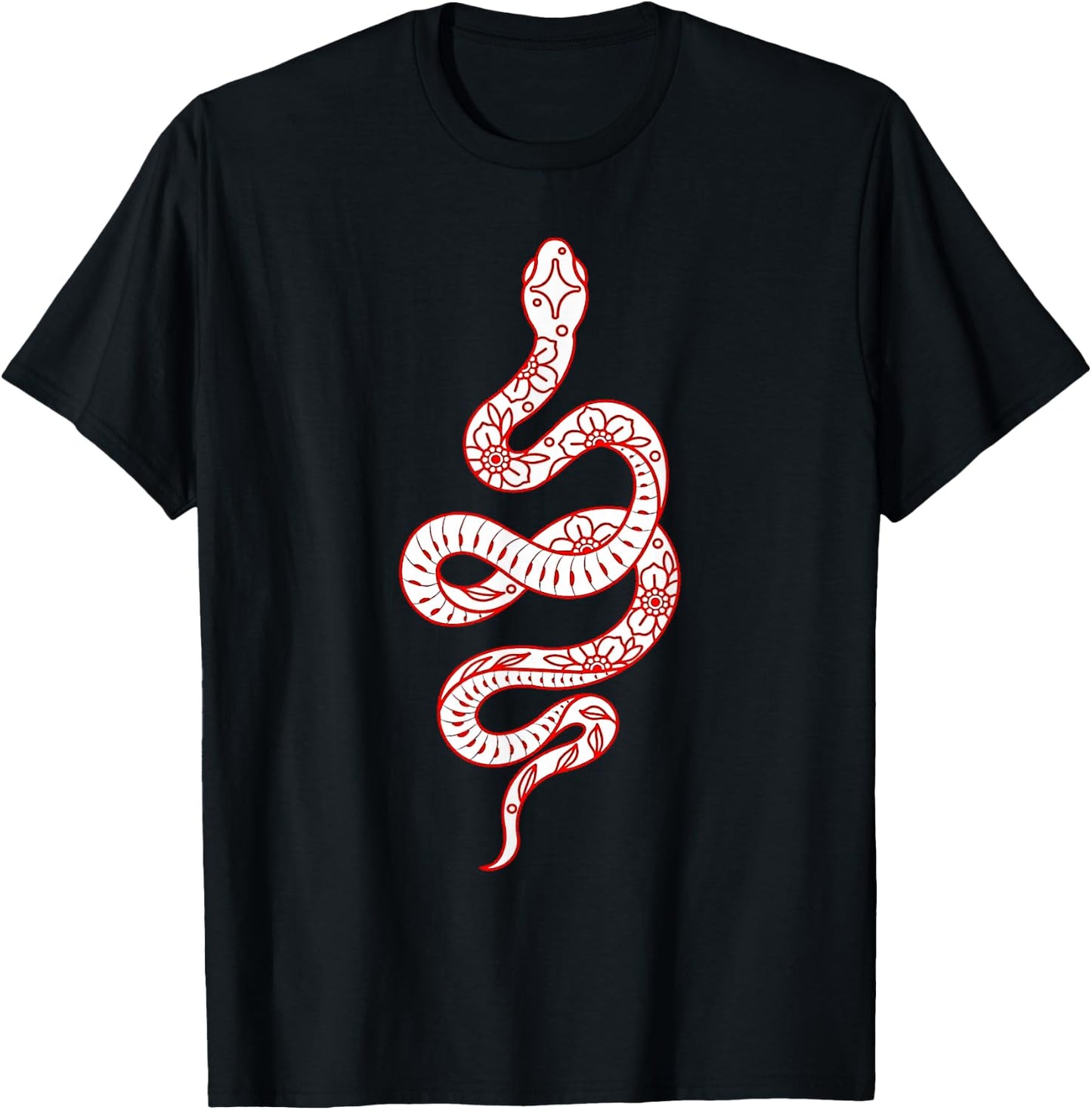 Red Snake Serpent x Flowers Minimal T-Shirt - T-Shirt | Black