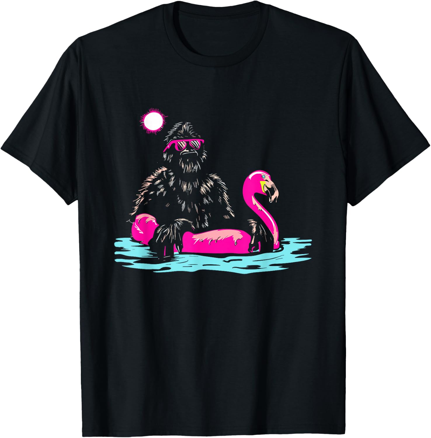 Bigfoot Pool Party Flamingo - Funny Sasquatch Pink Float T-Shirt - T-Shirt | Black
