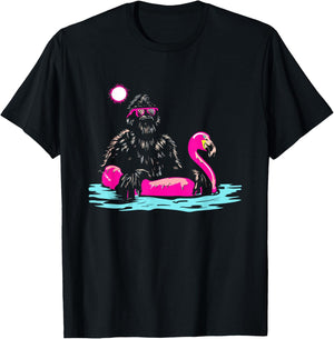 Bigfoot Pool Party Flamingo - Funny Sasquatch Pink Float T-Shirt - T-Shirt | Black